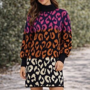 Colorblock FARM Rio Leopard Print Turtleneck Sweater Dress - Pink, Orange, Black